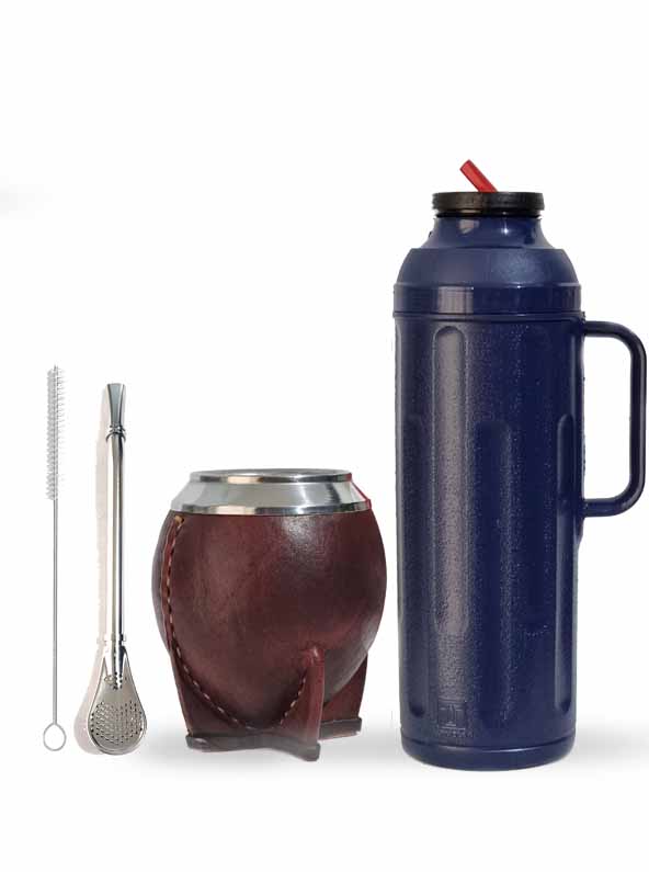 set de mate argentino con termo pico cebador personal azul y mate torpedo uruguayo